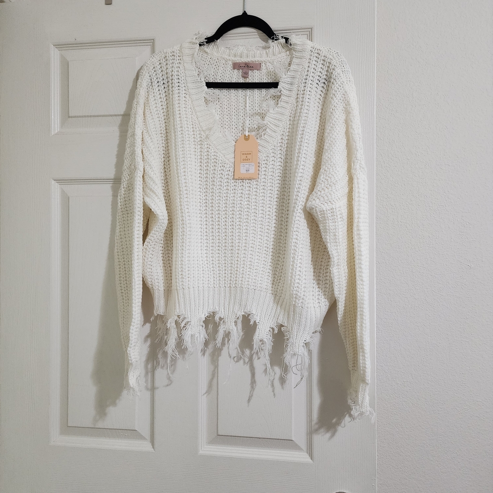 Love Tree Fringed Distressed White Sweater Size L NWT